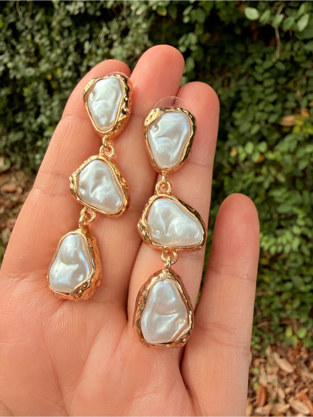 Drop Gold Triple White Baroque Pearl Drop Earrings - Picture 6 of 9